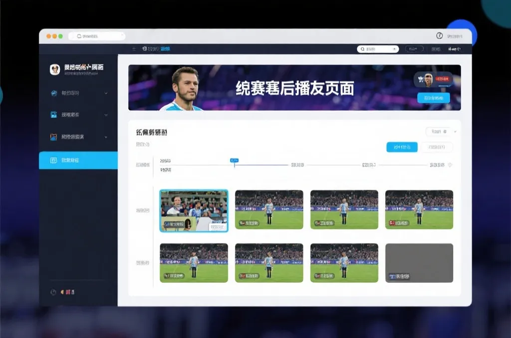 比赛结束后，电视屏幕展示集锦回放页面，旁边有时间轴和多角度切换提示